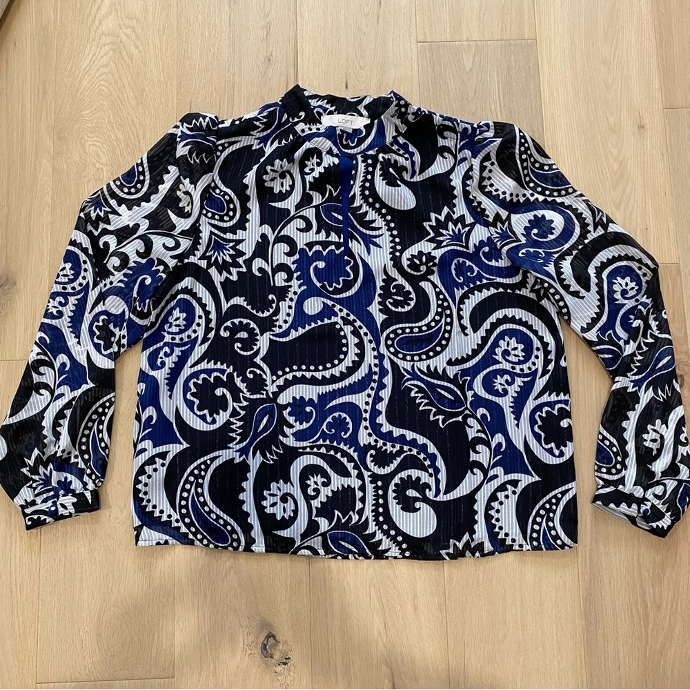 Loft | Shimmer Stripe Paisley Mock Neck Black Blouse - Picture 4 of 11